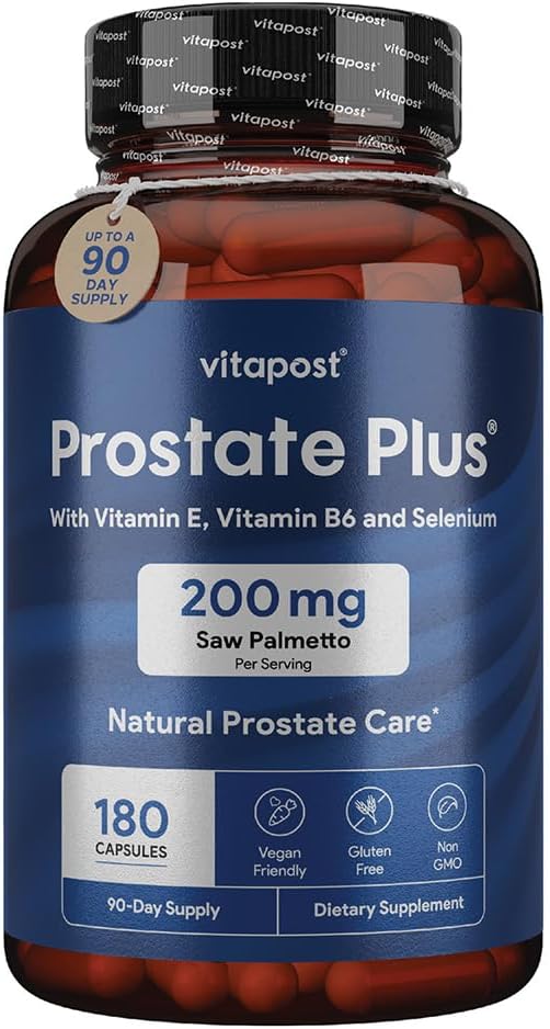 Prostate Plus Natuurlijke Prostaat Zorg en Urinaire Gezondheid Supplement voor mannen verrijkt met Saw Palmetto, Vitamine B6, Vitamine E, Selenium en Zink. 180 Capsules