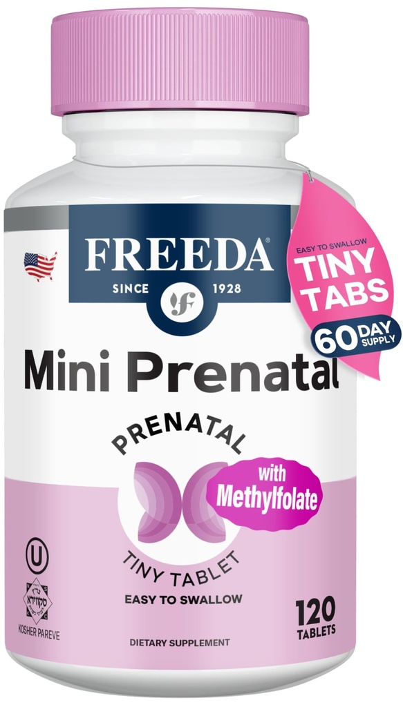 FREEDA Mini Prenatale Vitamine - Kosher Prenatalen - Tiny Eenvoudig doorslikken Tabletten - Prenatale Vitaminen met ijzer, prenatale Foliumzuur/folaat, Vitamine D - Prenatal Multivitamine voor zwangere vrouwen (120)