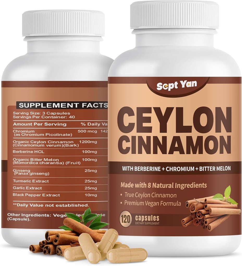 Ceylan Capsules de cannelle 1200mg Suppléments d'écorce de cannelle avec Chrome, Berberine HCL & Turmeric, Vegan, 120 Capsules, Énergie, Métabolisme, Heart & Immune Support