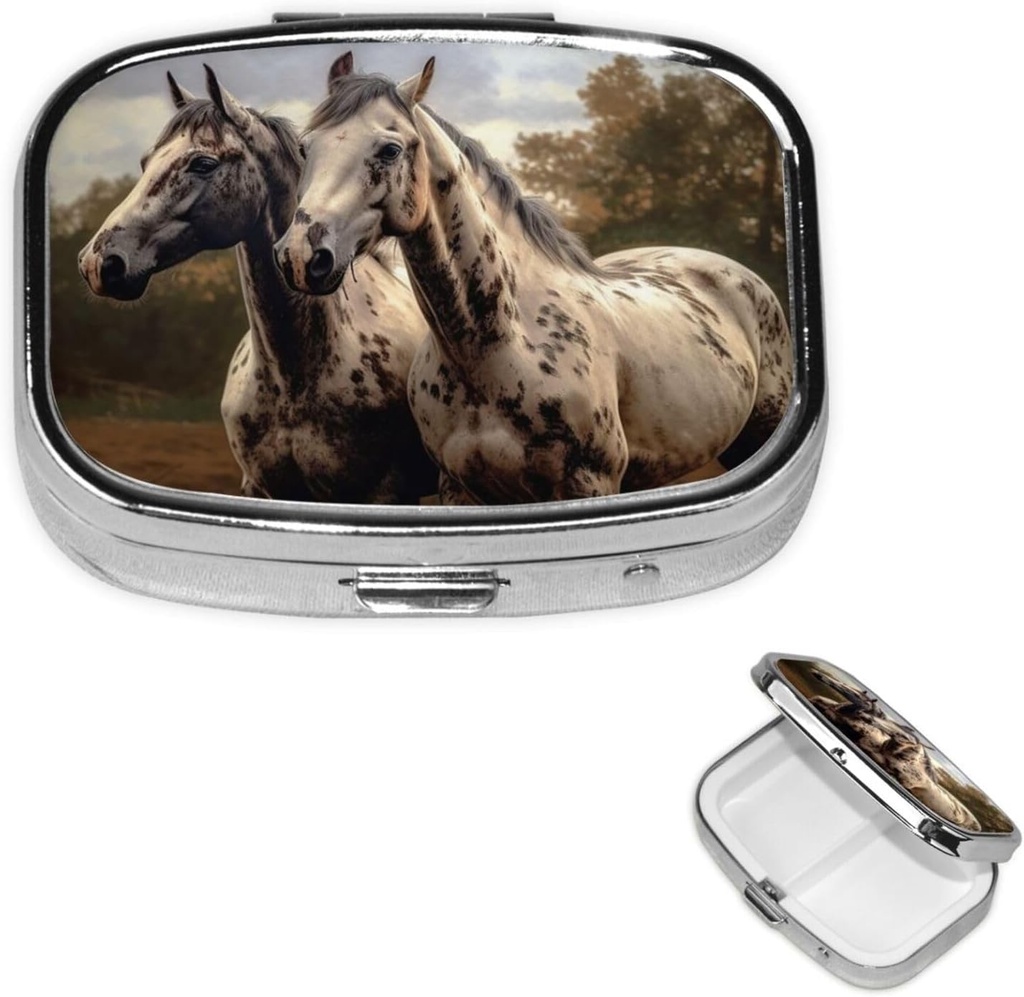 Pill Case Pill Box with Mirror Small Pill Organizer 2 Compartiment Two Horse Travel Pillbox for Purse or Pocket Portable Pill Container Cute Medicine Organizer