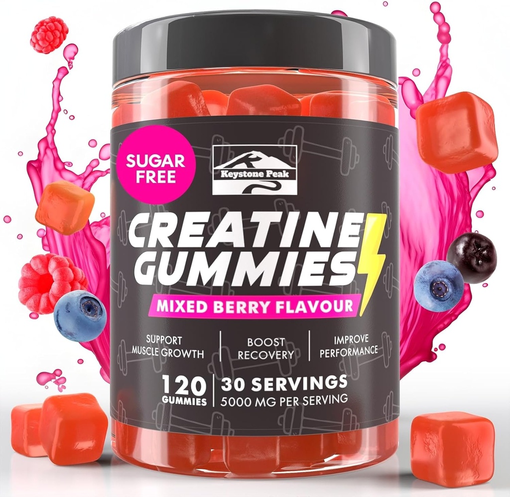 KP Creatine Monohydraat Gummies Mixed Berry for Men & Women, 100% Createine Mixed Berry Gummies, 5g per Serving + Vegan, Sugar Free, Mixed Berry + Strength, Energy, Muscle & Booty Gain - 120 Tel.