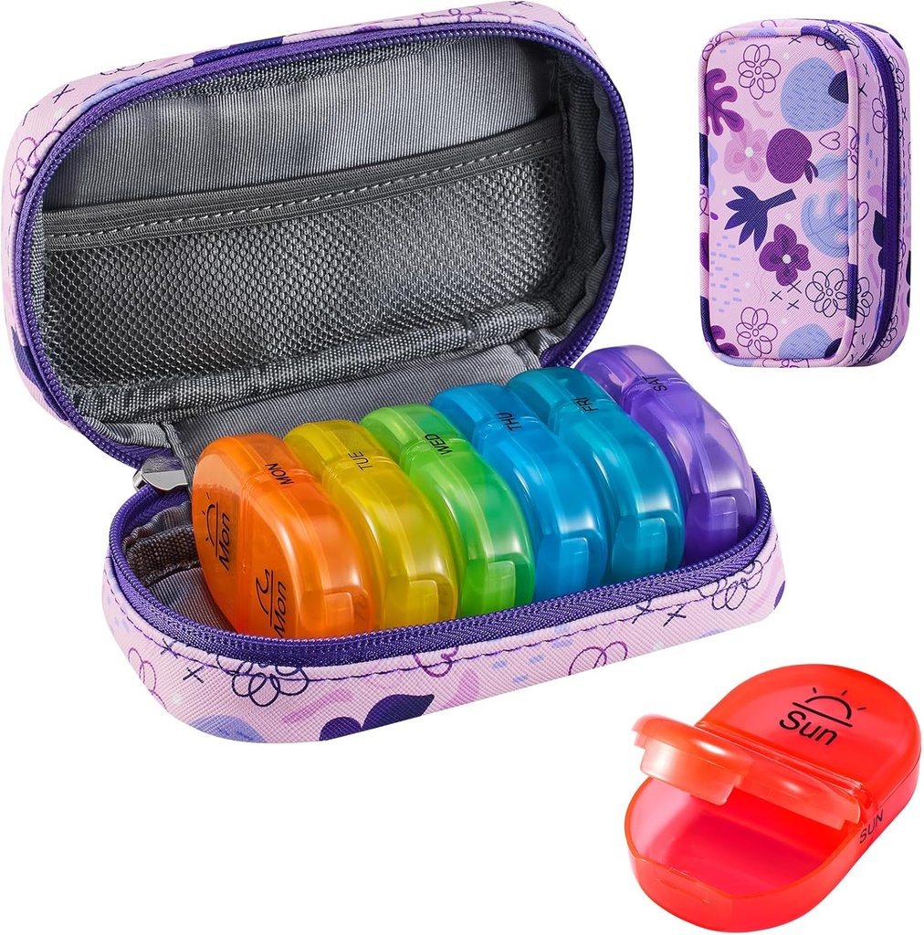 Serfeymi Weekly Travel Pill Organizer 2 keer Een dag AM PM Geüpgraded Regenboog Pill Box 7 dag met Portable Zipper PU leren pil Case, Medicine Organizer voor pillen, Vitaminen, Visolie - Paars 02