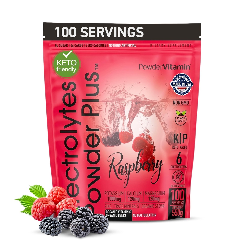 PoederVitamine Elektrolyten Poeder Plus (100 porties) Raspberry Electrolyte Poeder, Zero Calorie, Keto, 0 Suiker, Geen Maltodextrine,1000mg Kalium,120mg Calcium,120mg Magnesium, Energie Hydratatie Poeder