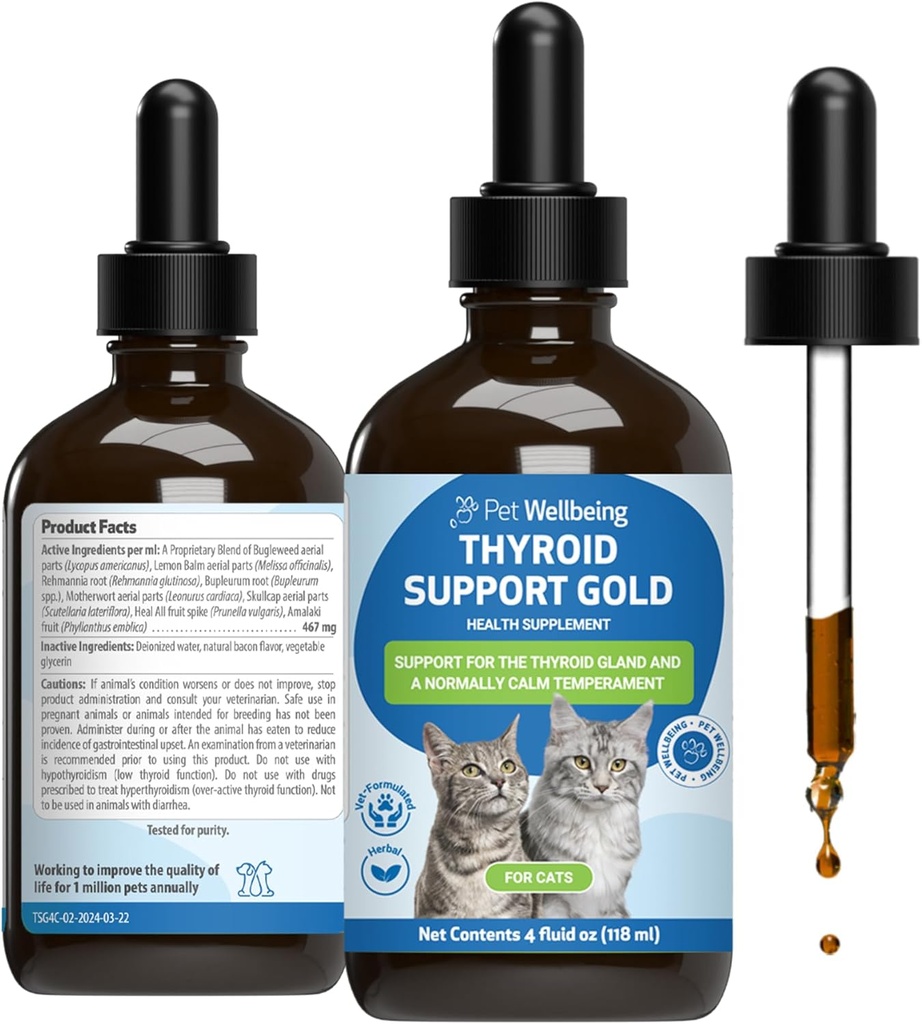 Pet Wellbeing Thyroid Support Gold for Cats - Ondersteunt gezonde Thyroid Gland Functie in Katten, Normale Metabolisme, Bugleweed, Citroen Balm - Veterinair-geformuleerd Kruidensupplement 4 fl oz (118 ml)