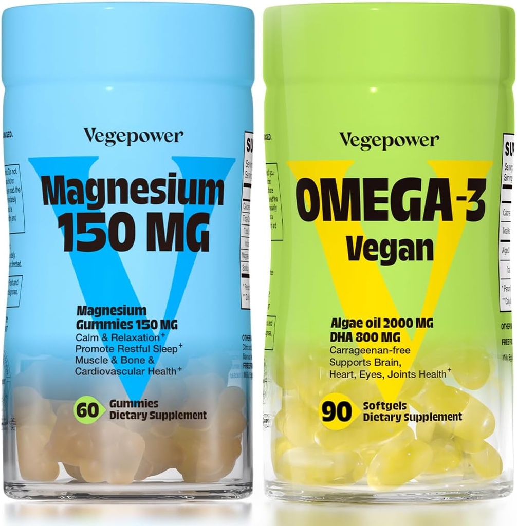 Vegan Omega-3 + Magnesium Gummies Algae Omega-3 800mg DHA Supplementen voor Hersenen, Hart Ogen Gezondheid- 90 Tellen 150mg Magnesium Citraat Gummies voor Volwassenen en Kinderen Kalm slapen, Ontspannen