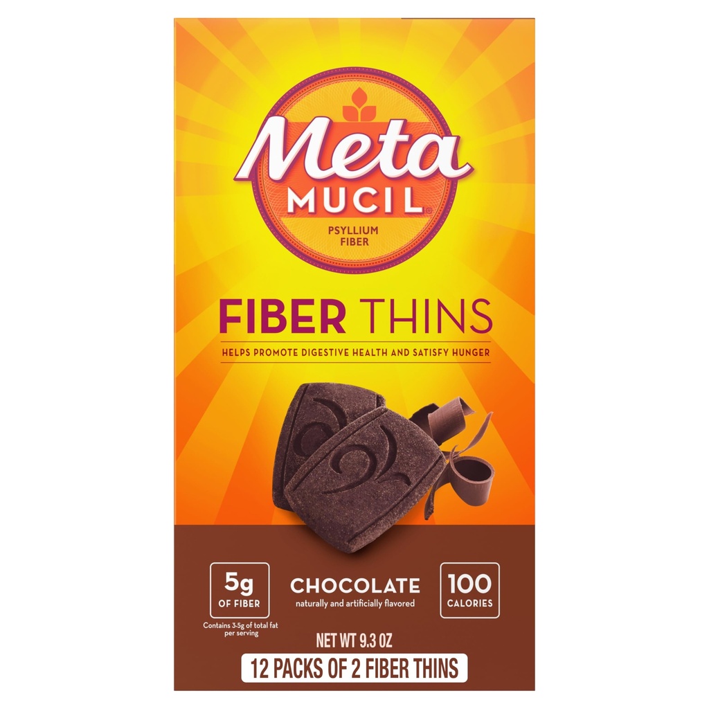 Metamucil Fiber Thins, Psyllium Husk Fiber Supplement, Digestive Health Support en Tevreden Honger, Chocolade smaak, 12 porties
