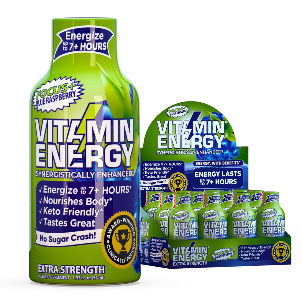 Vitamine Energy Focus+ Extra Strength Energy Shot Blue Raspberry 12 Pack, 260mg Caféine naturelle, B-Vitamines, CoQ10, Acides aminés, Focus, Productivité et Clarté, Zéro sucre, Sans gluten, 1,93 fl oz