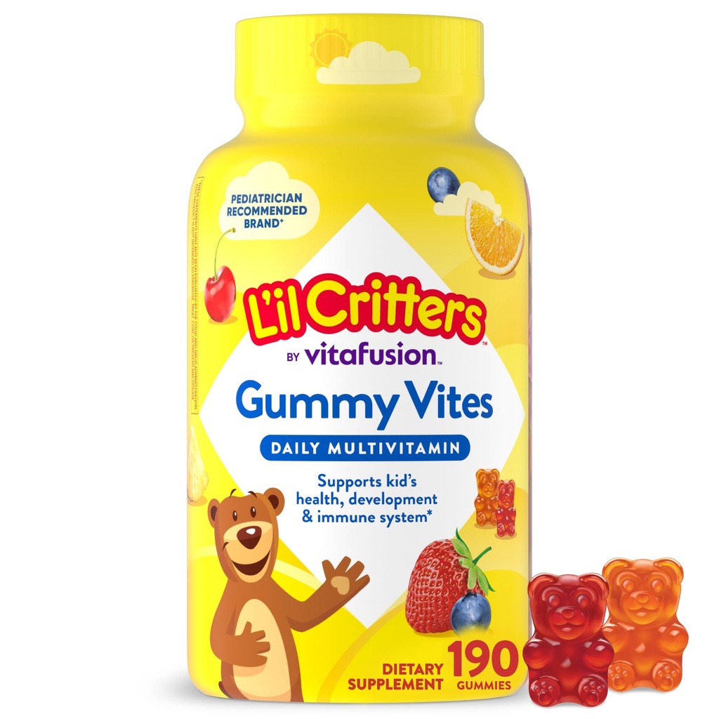L'il Critters Gummy Vites Daily Kids Multivitamines Diverse fruitsmaken voor leeftijden 2+ Peuter & Kids, Gummy Vitamine met vitamine C en D, 95-190 Day Supply, 190 Gummies
