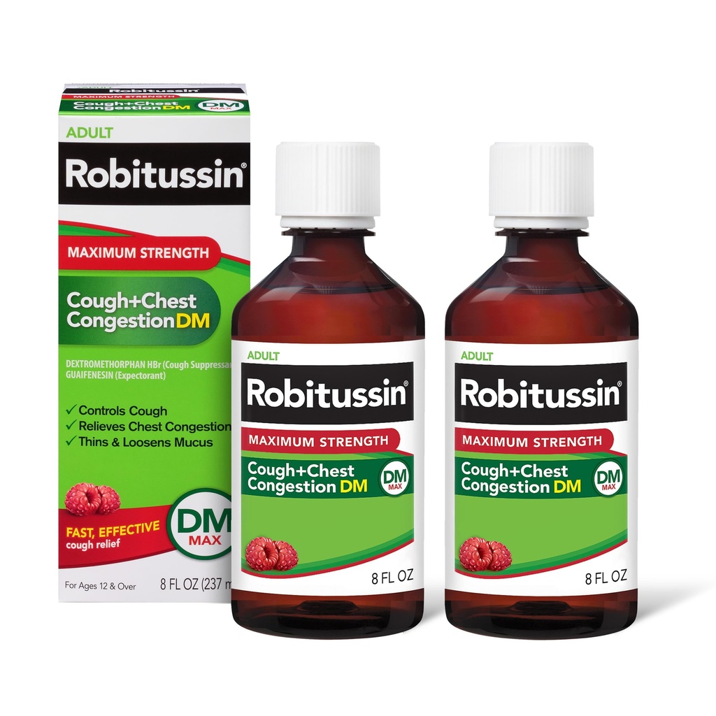 Robitussin volwassen maximale sterkte Hoest Plus Borstcongestie DM Max, Cough Suppressant en Expectorant, Raspberry Flavor, 8 Fl Oz x 2