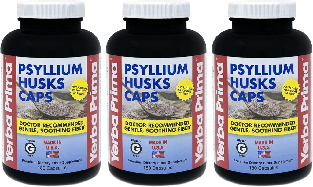 Yerba Prima Psyllium Husks Caps - 180 caps (verpakking van 3) - Natural Fiber Supplement - Colon Cleansing - Non-GMO Glutenvrij