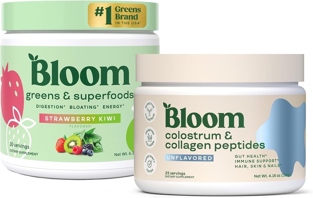 Bloom Nutrition Superfood Greens Powder, Digestieve enzymen met Probiotica en Prebiotica, Gut Health, Bloating Relief, Strawberry Kiwi + Bovine Colostrum Powder Puur 40% IgG Premium Colostrum