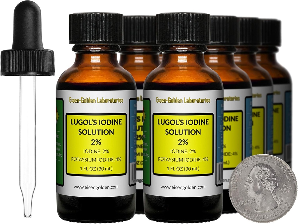 Lugol's Iodine / 2% Solution / 8 Oz in Eight Amber Glass Bottles/Free Droppers