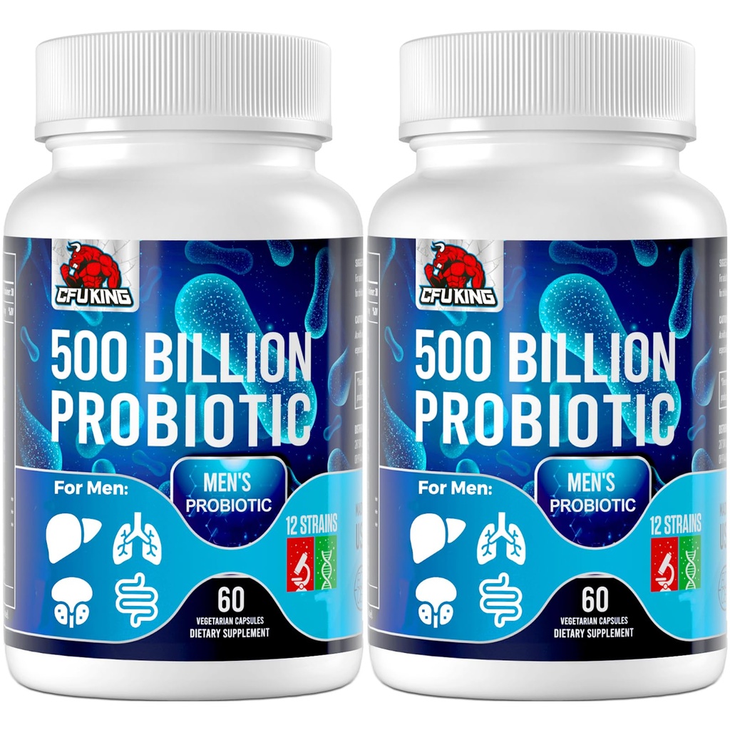 Probiotica voor mannen, 500 Miljard CFU & 12 Heren Probiotica voor spijsverteringsgezondheid + 4 Biologische Prebiotische Vezel, voor spijsverterings-, darm-, immuungezondheid, opgeblazen gevoel, gas, energiesteun, plat - 120 Capsules
