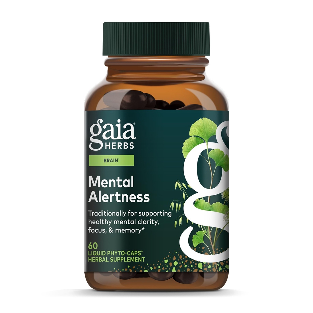 Gaia Herbs Mental Alertness - Brain Support Supplement to Help Mainten Focus & Memory* - with Eleuthero, Ginkgo Leaf, Gotu Kola, Rosemary & Haver - 60 Vegan Liquid Phyto-Capsules (15-Day Supply)