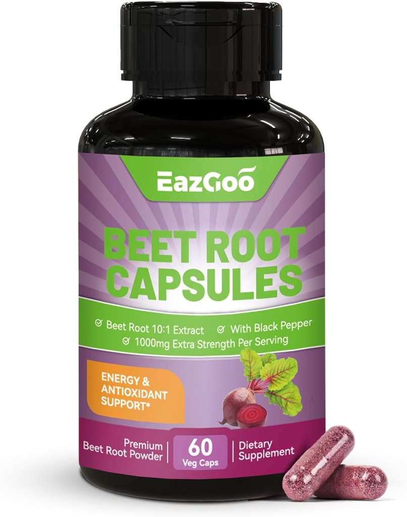 Beetwortelcapsules 1000mg per portie, ondersteunt de productie van stikstofoxide en de bloeddruk, met Black Pepper Extract, Non-GMO, Glutenvrij, Veganistisch - 60 Tellingen