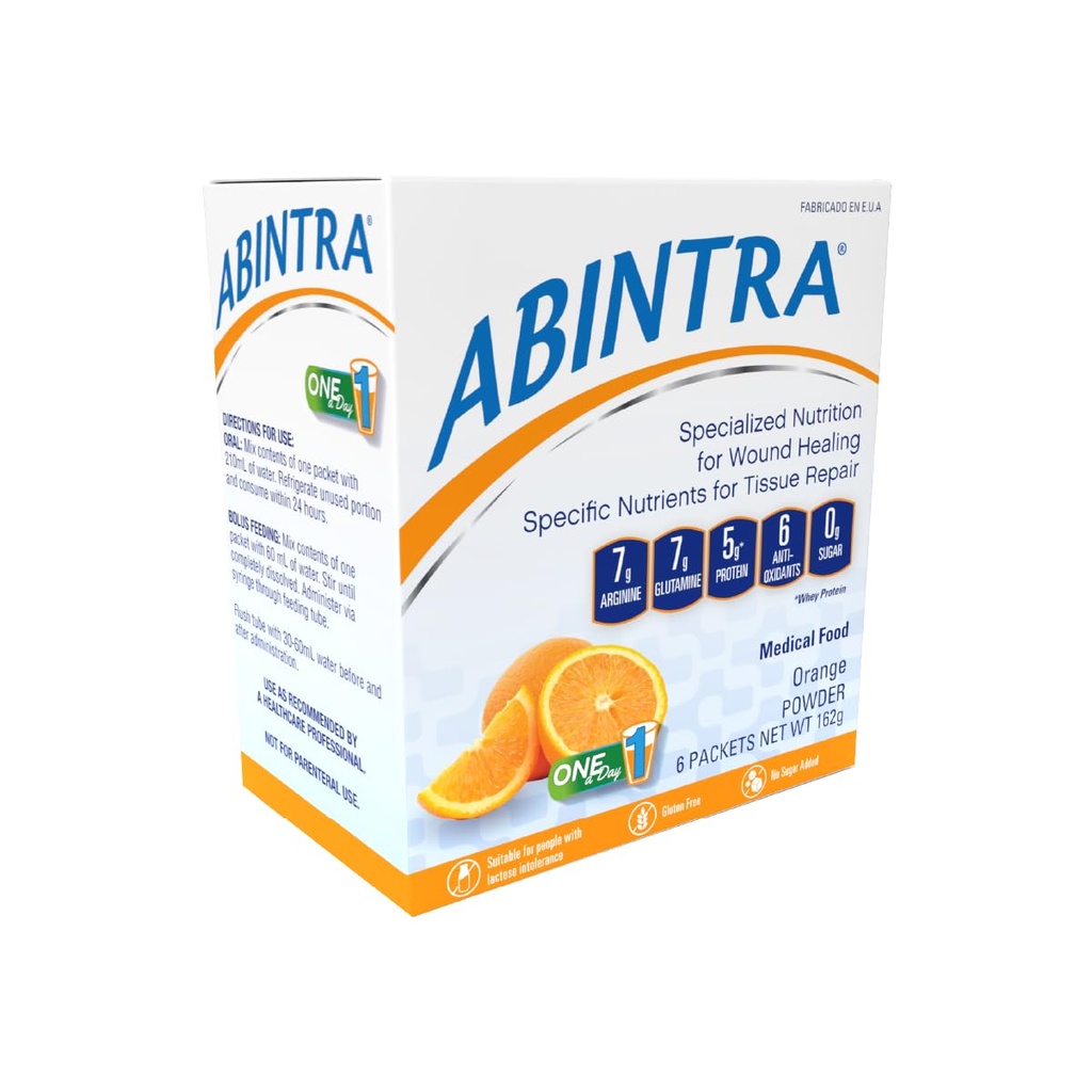 ABINTRA Nutrition spécialisée pour la guérison des plaies comprend L-Arginine, Orange Flavor, 6 Packets, 27g Chaque