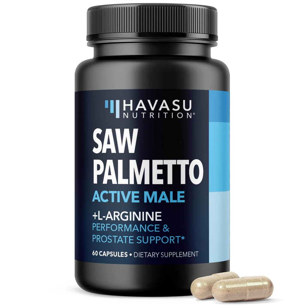 Saw Palmetto 500mg et L-Arginine 500 mg - Suppléments pour la santé de la prostate et l'oxyde nitrique pour les hommes - 60 Compte - Soutien de la fonction urinaire et d'endurance pour les hommes actifs - Vegan, non-OGM, 1 mois d'approvisionnement