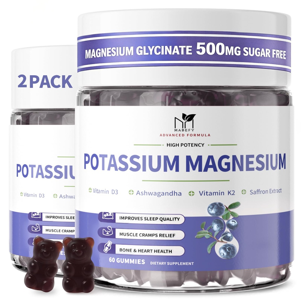 2 Pack Kalium Magnesium Gummies, Suikervrije Kalium Gummies met Magnesium Glycinate 500mg Kauwbare Magnesium Kalium Supplementen met Calcium, Zink, Vitamine voor Leg Cramps & Muscle