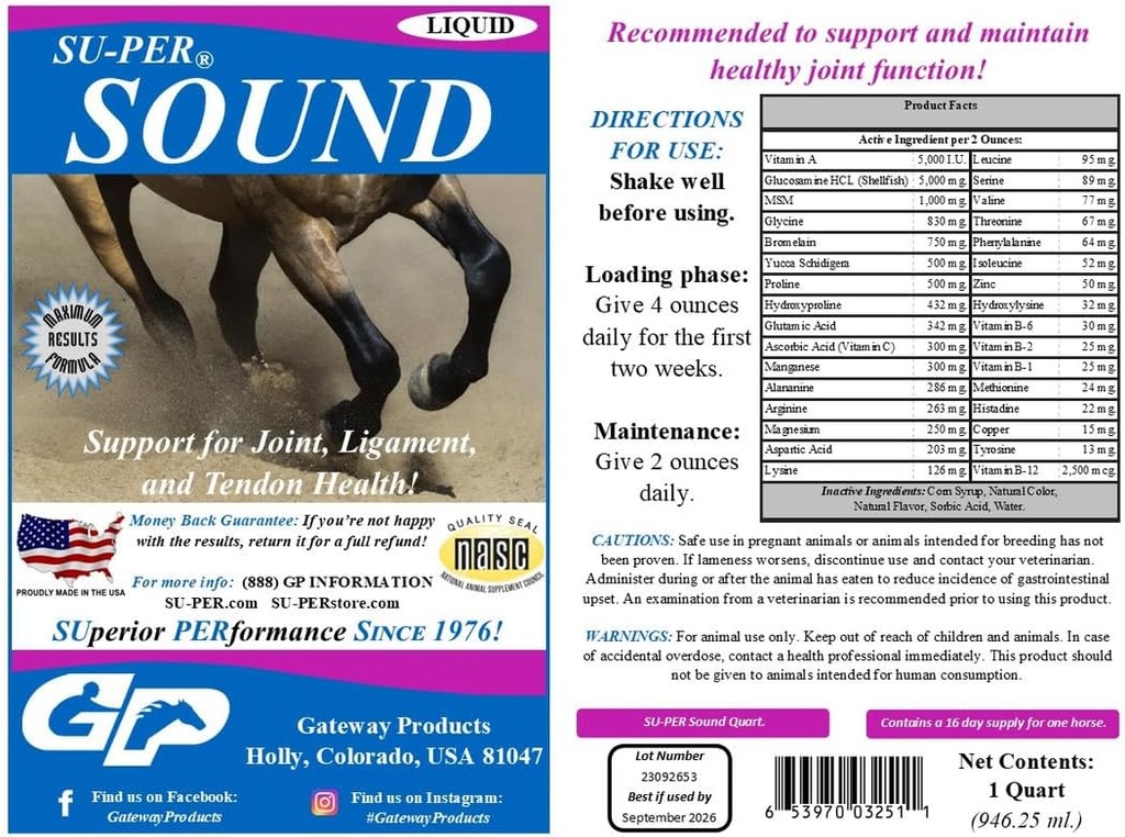 SUPER Sound Supplément Cheval articulaire - Soutien pour la santé des articulations, du ligament et du Tendon - Vitamines et minéraux du cheval, Glucosamine, MSM, Bromelain, Acides aminés, Lysine - 1 Quart, (2 Pack)
