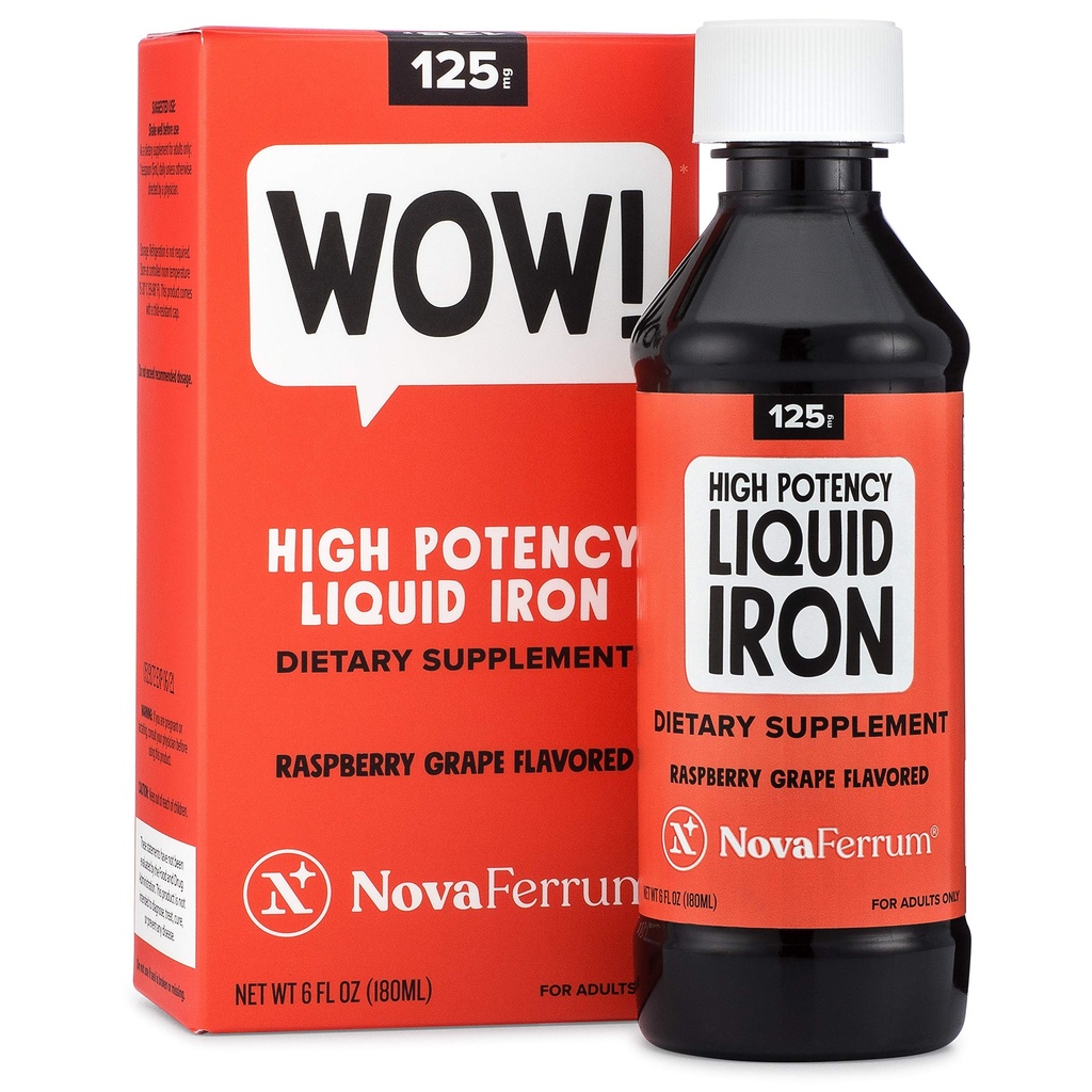 NovaFerrum Wow, 125 supplément de fer liquide haute puissance pour les adultes, carence en fer, 125mg de fer par dose de 5mL, végétalien vérifié, certifié sans gluten, sans sucre
