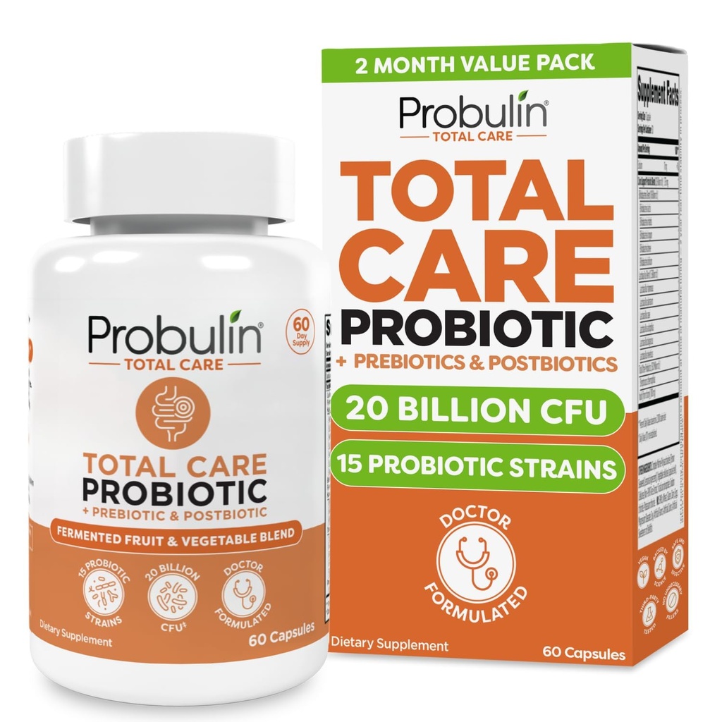 Probuline Total Care Probiotics Supplement, Gut quotidien, Digestive et Immune Health Probiotics Capsules pour hommes et femmes, 20 Million CFU, Vegan, 60 Bouteilles de comptage