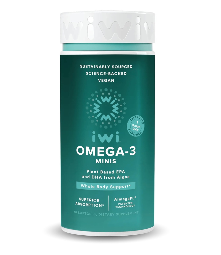 Iwi Omega-3 Mini Softgels (30 porties), Makkelijk door te slikken, Plant-based Algen Omega 3 met EPA + DHA, Whole-Body Ondersteuning Dieetsupplement, Krill & Fish Oil Alternatief, Geen Fishy Aftersmaak