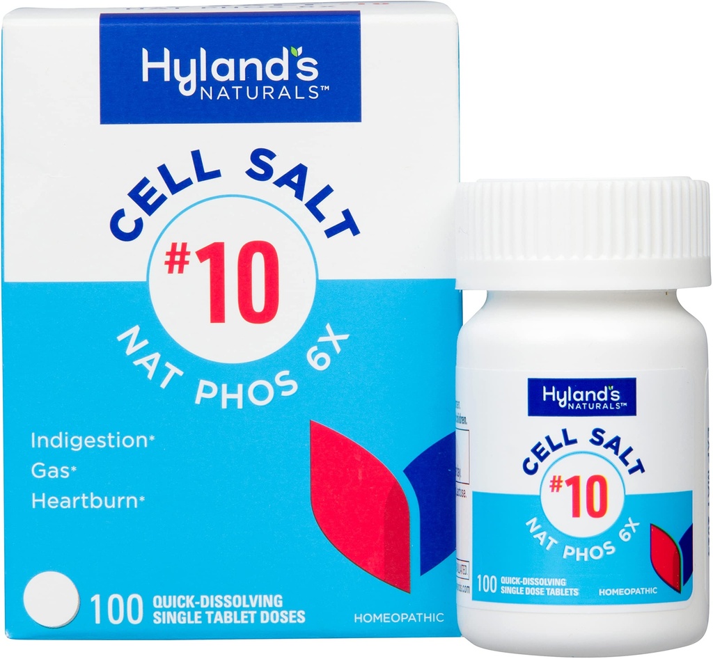 Hyland's No.10 Cell Salt NAT Phos 6X tabletten, natuurlijke verlichting van brandend maagzuur, gas, en indigestie, snelle oplossen tabletten, 100 Tellen