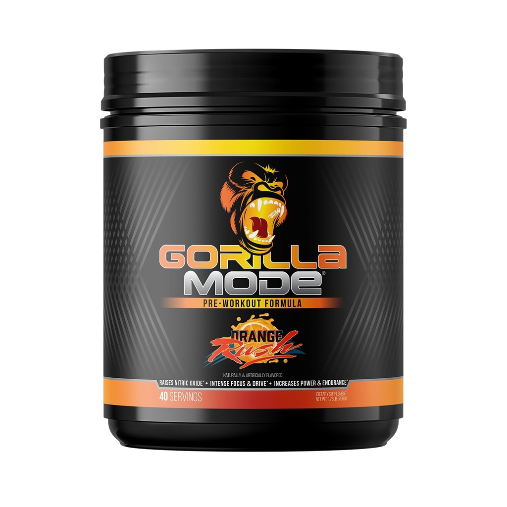 Gorilla Mind Pre Workout - Massive Pumps Laser Focus Energy Power - L-Citrulline, Creatine, L-Tyrosine, Betaine, Hydroprime, Alpha-GPC, 400mg Cafeïne, Huperzine A - 796g (Orange Rush)