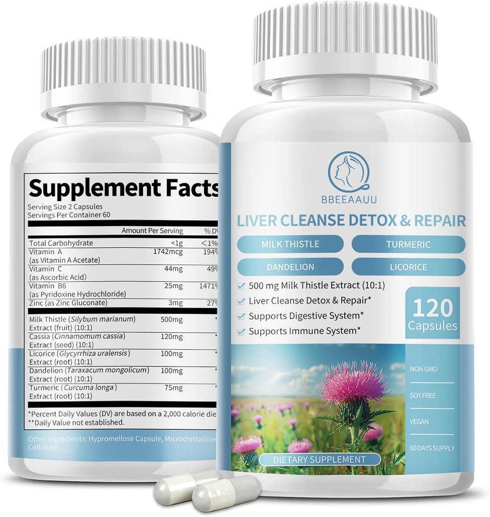 Milk Thistle Supplement Capsules, Liver Health Formula, met Dandelion Root, 10:1 Extract, voor lever Detox Reiniging Ondersteuning, Digestief & Immune System, 120 Veggie Caps