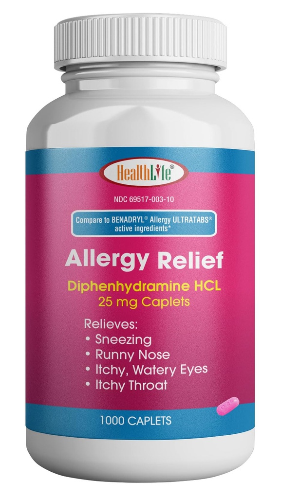GEZONDHEID LFE Allergie Relief, Medicine Difenhydramine HCl Caplets, 25 mg 