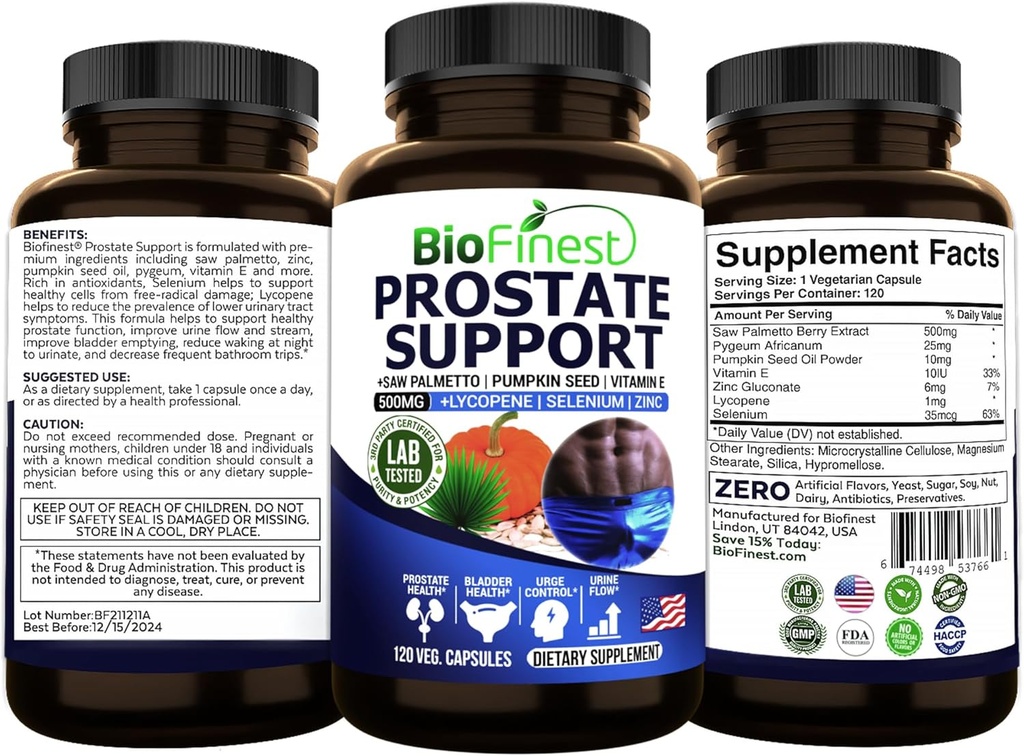BioFinest Prostate Support for Men - Saw Palmetto Lycopene Pumpkin Seed Pygeum Zinc Selenium - Healthy Urine Flow Bladder Prostate Vitamin Supplement - Made in USA (120 Veg. Capsule)