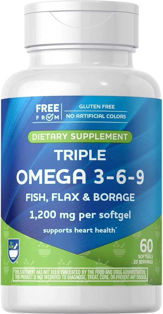 Rite Aid Triple Omega 3, 6, 9 Softgels - 60 Graaf Visolie ter ondersteuning van een gezond hart, DHA en EPA, Vlaszaad en Borage Oil
