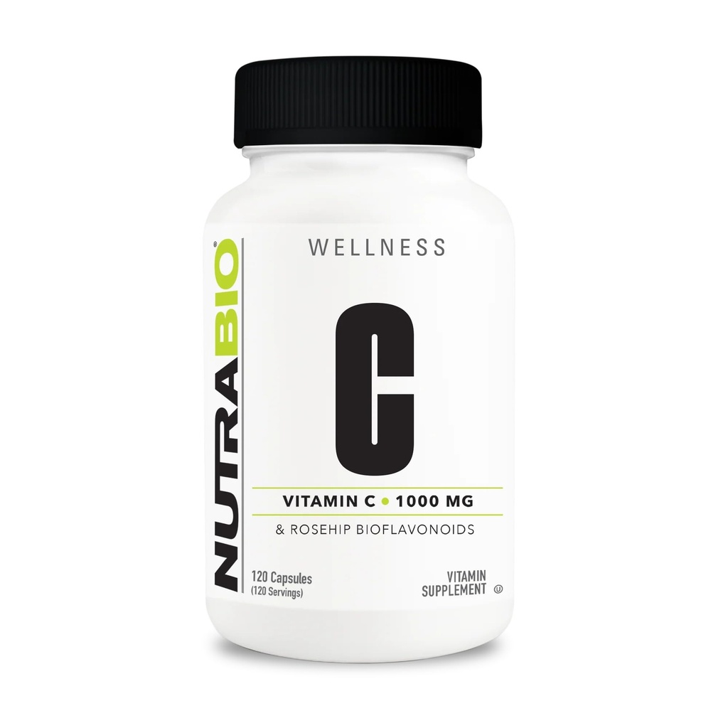 NutraBio Vitamine C avec Rose HIPS - Soutient des os, des dents et des gencives sains, fonction immunitaire - Pas de remplissage ou d'excipients - (120 capsules, 1000mg de vitamine C par gélule)