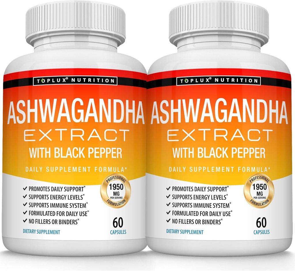 Biologische Ashwagandha wortel poeder pillen 1950 Mg met zwarte peper Extract - Pure natuurlijke Ashwagandha supplement, ondersteuning energie, voor mannen vrouwen, 60 capsules