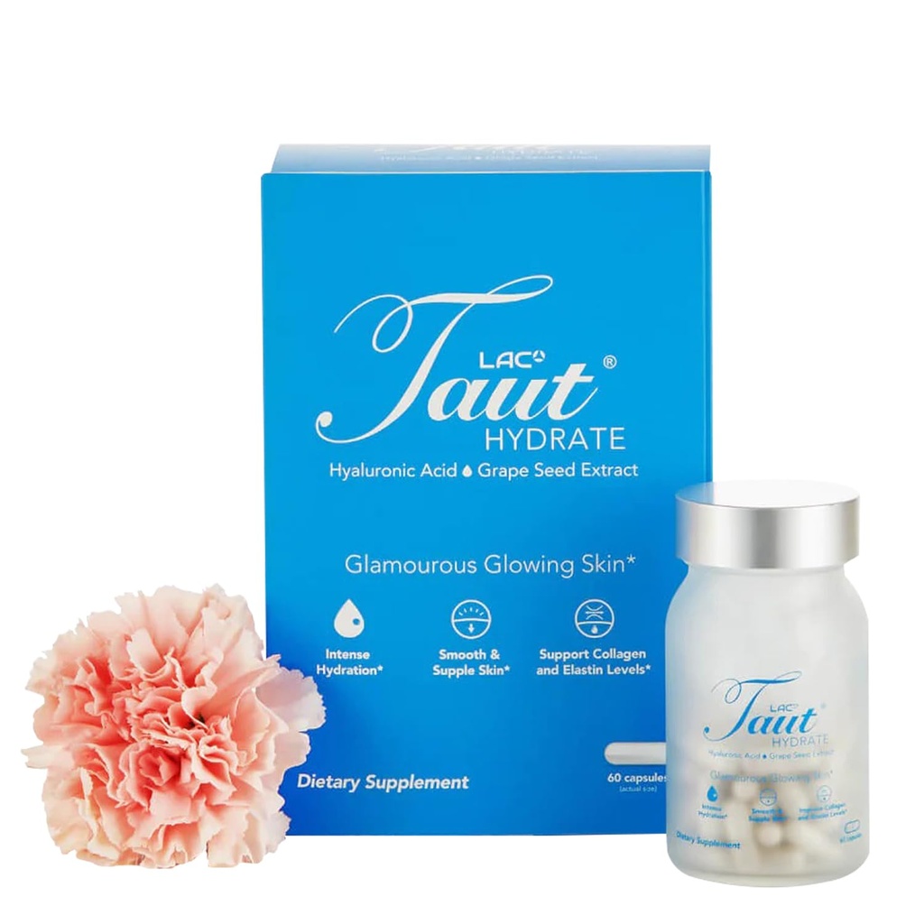 Taut Hydrate Acid Supplement Hyaluronique – Capsules de 120mg Vegan avec Extrait de Graine de raisin - Hydratation de la peau profonde, rides lisses et support de Glow - Supplément collagène et anti-âge pour les femmes et les hommes – 60 capsules