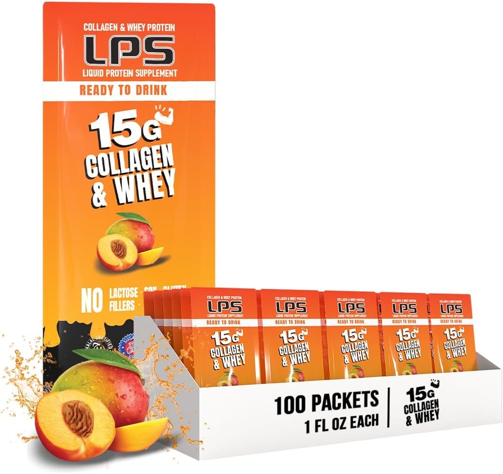 Voedingsdesigns LPS Liquid Collageen & Wei Protein Supplement - Non-GMO Drink, Sugar-Free - bevordert gezonde huid en haar voor mannen en vrouwen, Peach Mango, Single Serve (100 Packets)