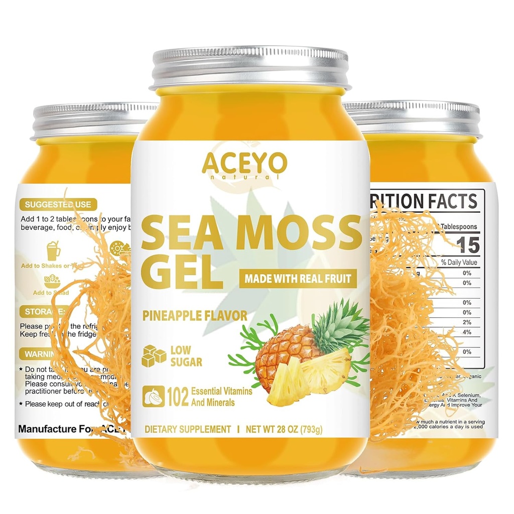 (28 OZ) Sea Moss Gel Raw Flavored Irish Seamoss Gel Natural Vegan Ananas 102 Vitaminen en mineralen Wild Geoogst Niet-GMO.