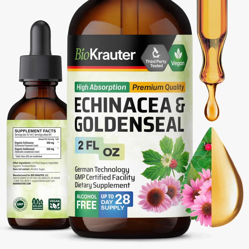 BIO KRAUTER Echinacea and Goldenseal Root Liquid Extract - Natural Immune Support - Echinacea Drops with Goldenseal - Vegan, Alcohol & Sugar Free Tinctuur - 2 Fl.Oz.