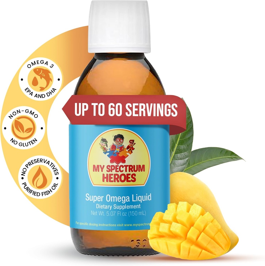 Mon spectre Heroes supplément d'huile de poisson pour les enfants - Omega 3 pour l'aide neuronale, l'inflammation et l'aide immunitaire - EPA & DHA pour la santé du cerveau et des yeux - Supplément liquide pour enfants et adultes - 5,07oz (150ml)