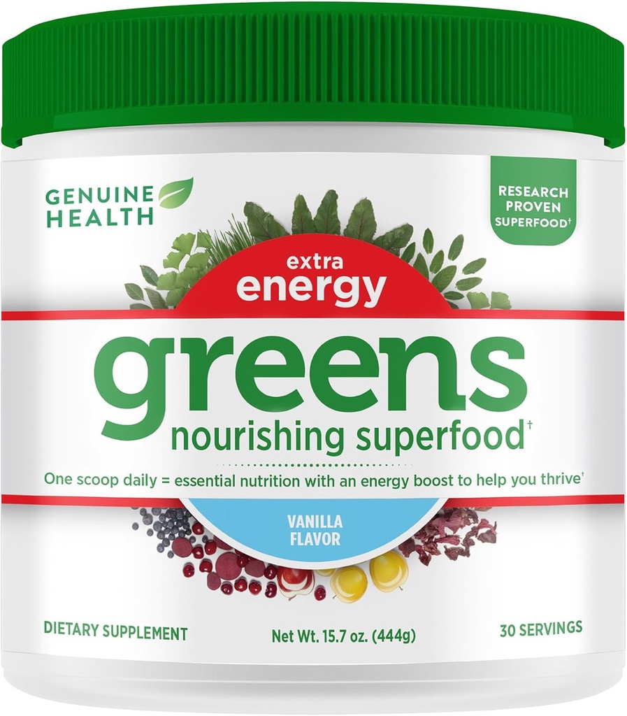 Echte Health Greens + Extra Energy Superfood Powder, Biedt een onmiddellijke energie Boost & Supports Gut Health, Vanilla Flavoured, 30 Servings