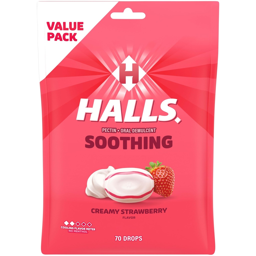 HALLS Throat Soothing (voorheen HALLS Breezers) Romige aardbeien Throat Drops, Economy Pack, 70 Drops