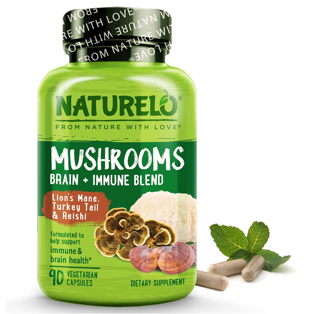 NATURELO Supplément de Champignons Cerveau et Immuni Santé Blend avec Lion s Mane, Reishi, Turquie Tail 90 Capsules Vegan Friendly