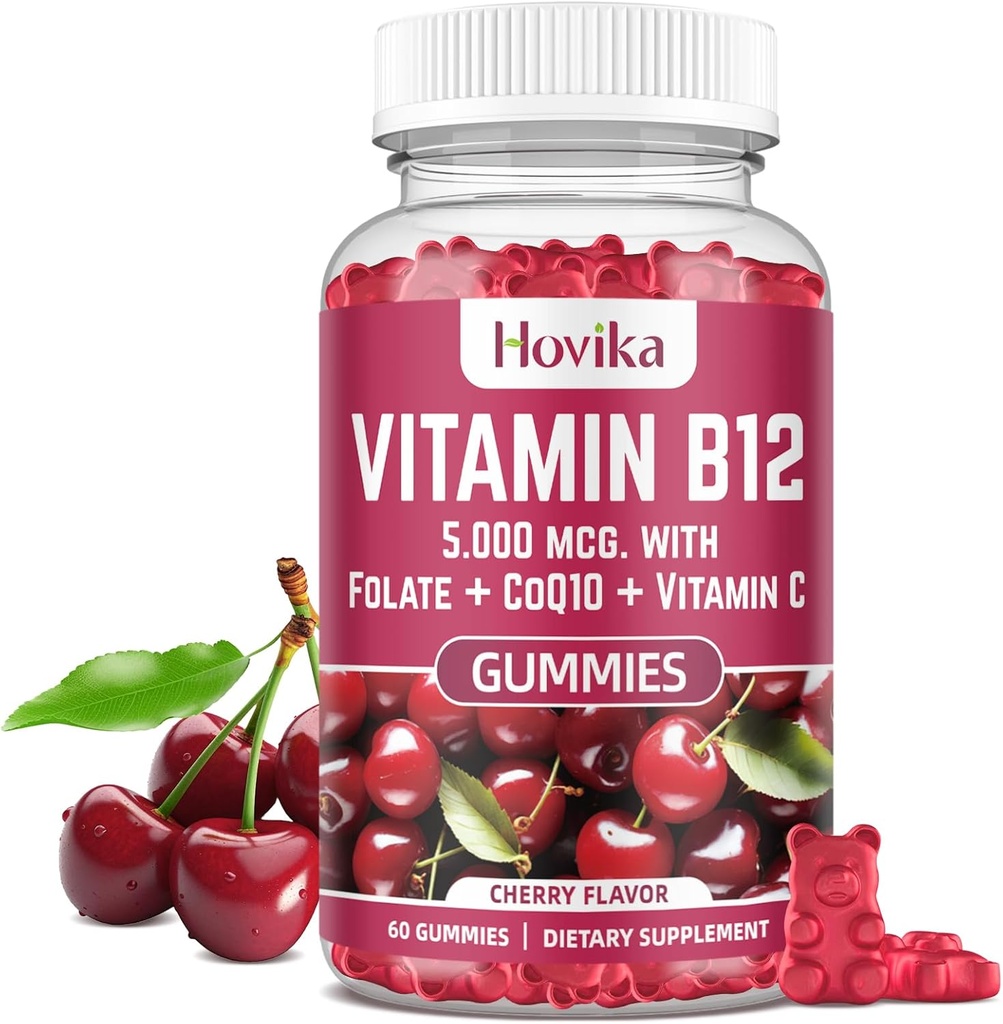 Vitamine B12 Complex 5000 mcg Methyl B12, Adenosyl B12 & Hydroxy B12, met Coenzyme Q10, Folaat, Vitamine C, Kauwbare B12 voor energieondersteuning, Metabolisme, Bone Health - Cherry Flavor