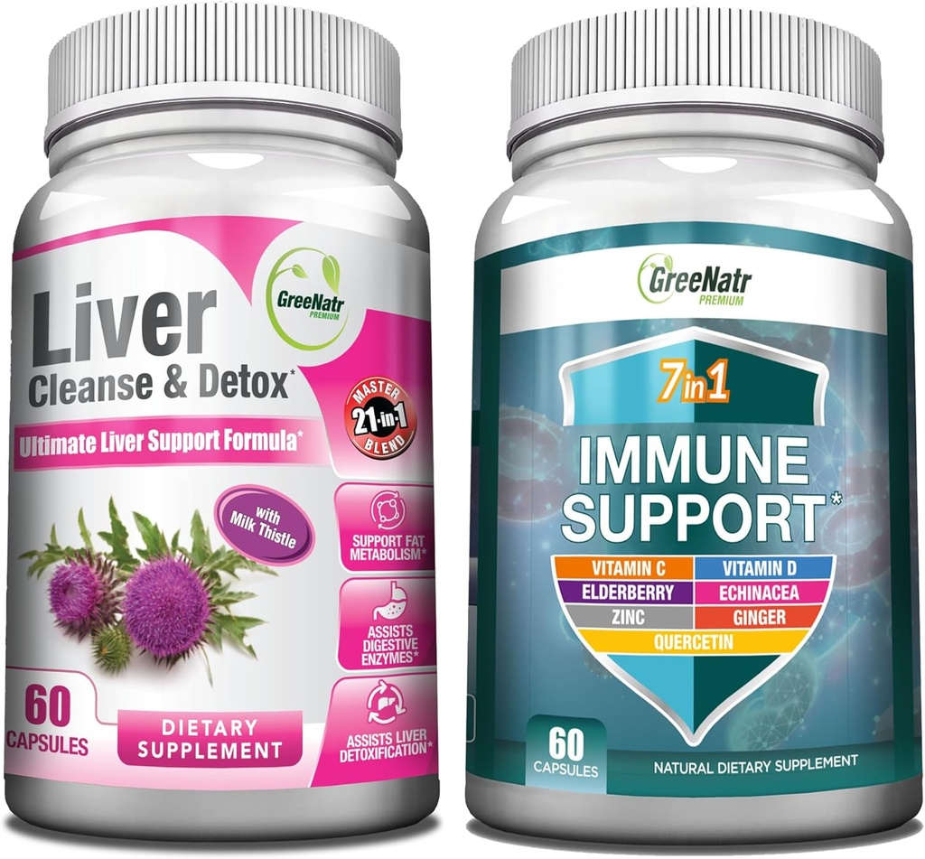 GreeNatr Mélange complet de soutien immunitaire et du foie pour la santé - Supplément de soutien immunitaire 7-en-1 avec vitamine C, vitamine D3, zinc et foie nettoyer la désintoxication et la formule de réparation