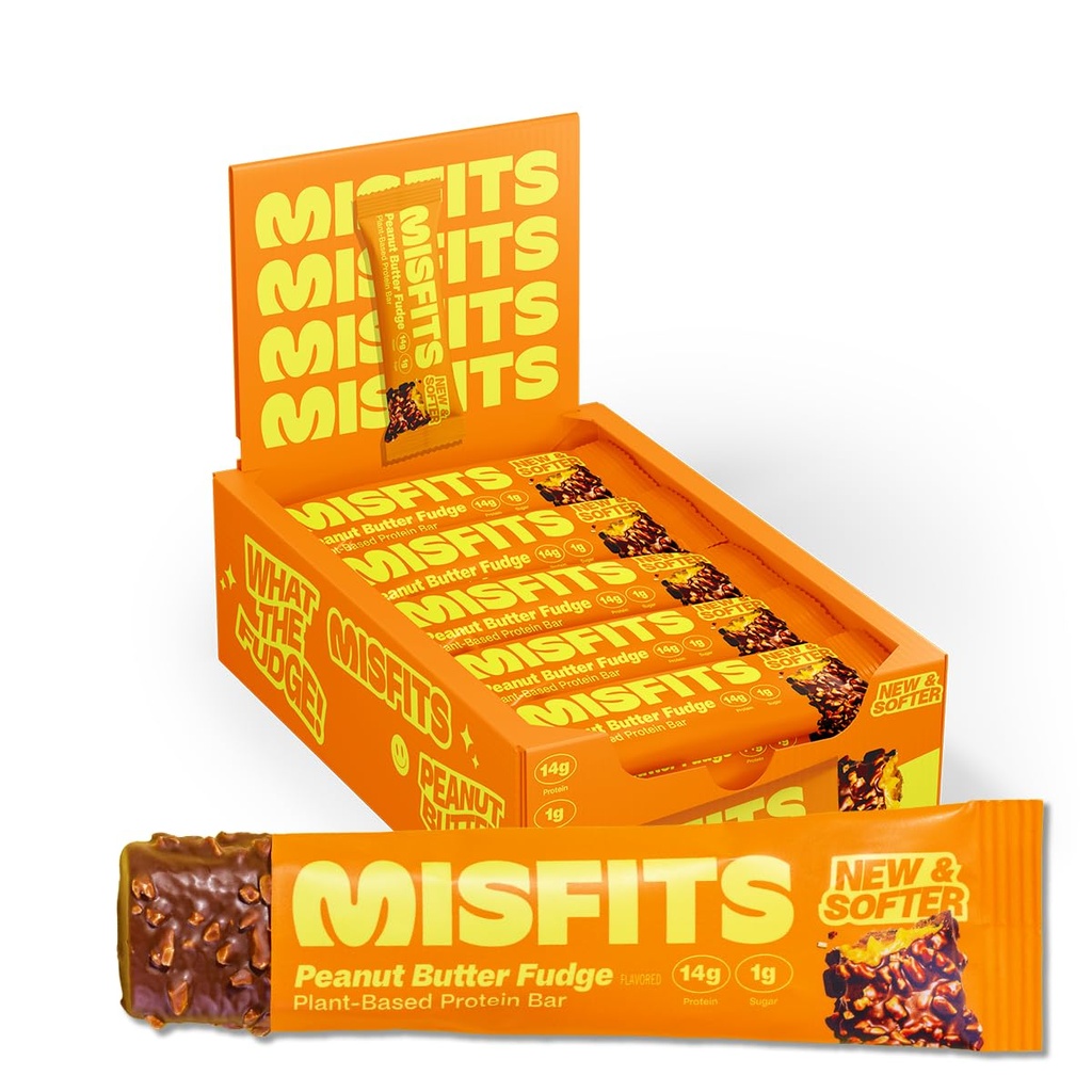 Misfits Vegan Protein Bars, Peanut Butter Fudge - Bijgewerkt Recept, Plant Based, Low Sugar & Carb, High Fiber Snacks Pack van 15