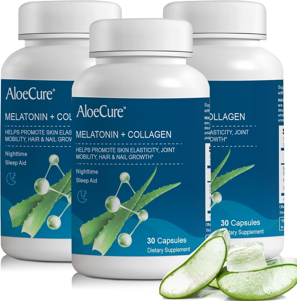 AloëCure Natuurlijke Melatonine + Collageen met biologische Aloë Vera - Natuurlijke slaaphulpsupplement voor rustgevende nachten - Collageen Complex voor gezamenlijke sterkte, huidelasticiteit, haar & nagelgroei, 30 capsules