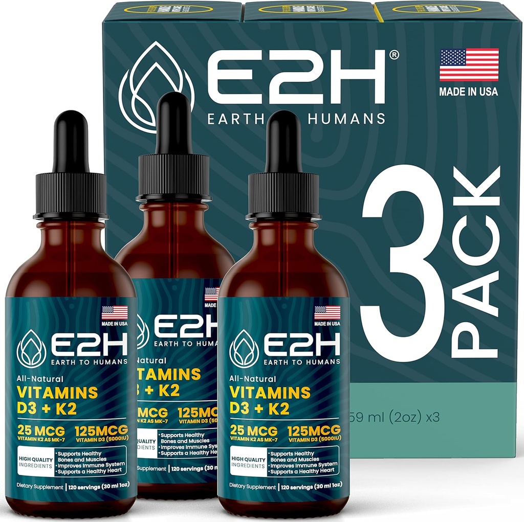 E2H EARTH TO MENSEN Vitamine D3 & K2 Supplement for Immuun Support - Liquid Vitamin D3 5000 IE - Made in The USA