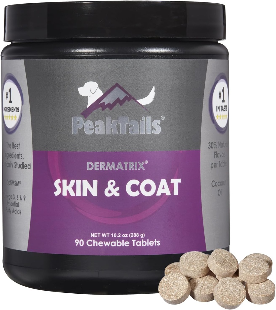 Kala Health PeakTails Skin & Coat Support pour chiens – 90 comprimés à croquer avec MSM, huile de poisson, Omega-3 et Omega-6 – Supporte une peau saine, un manteau brillant