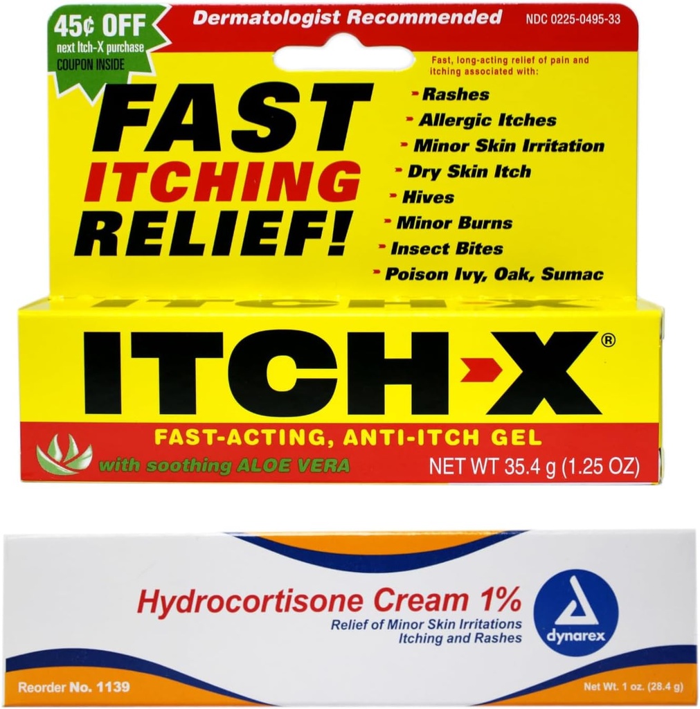 Itch-x Itch Relief Gel 1,25 oz + Hydrocortison Cream 1 oz Fast Relief for Rashes, Minor Burns, Insect Bites, Poison Ivy, Oak, Sumac.