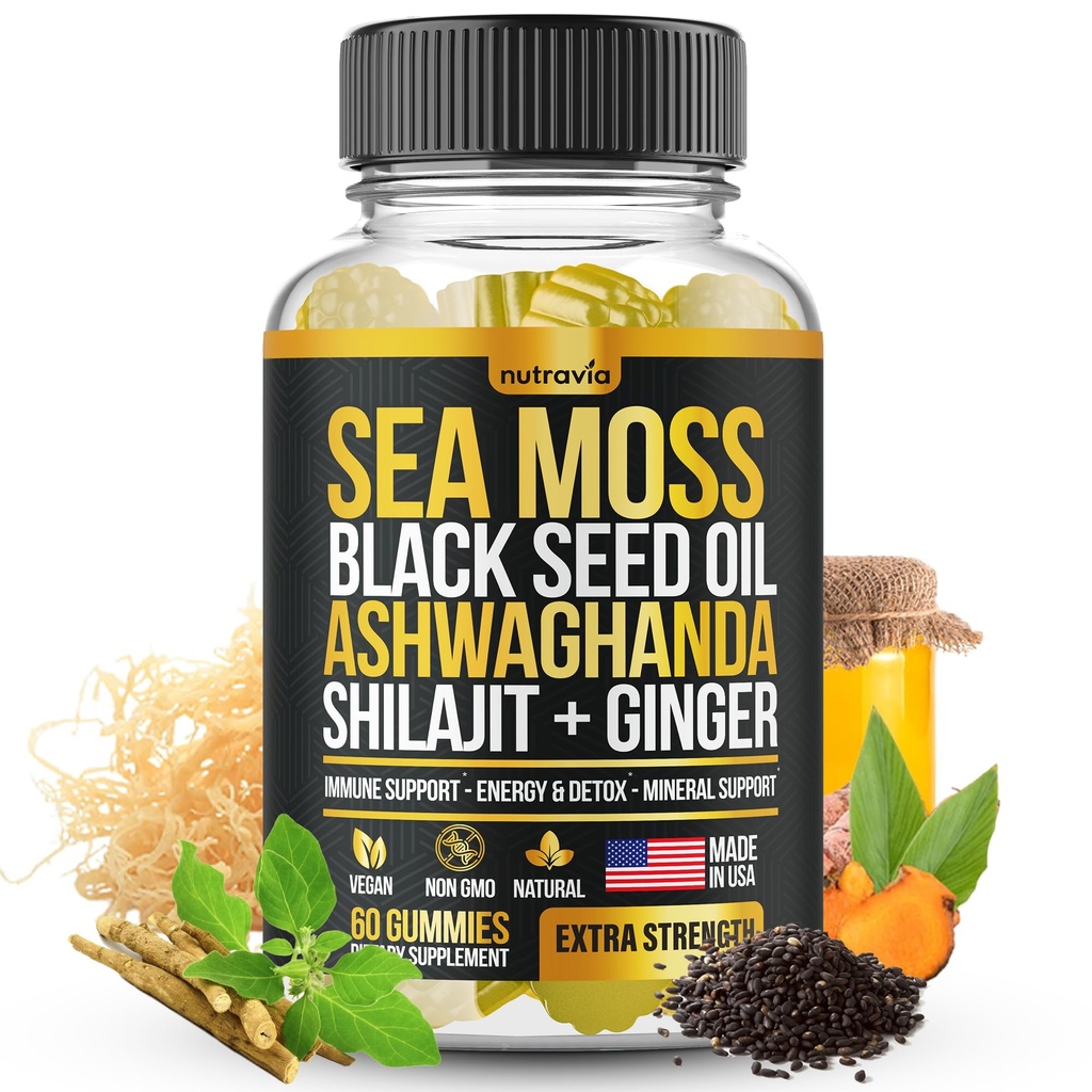 Mousse de mer, Huile de graines noires, Ashwagandha, Ginger, Shilajit Gummies avec Elderberry, Chlorophylle, Turmeric Bladderwrack Sea Gummies Formule de force avancée - Tous en 1 bloc - États-Unis Made (60 Gummies)